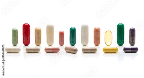 A collection of assorted vitamin and supplement capsules arranged in a row on a white background