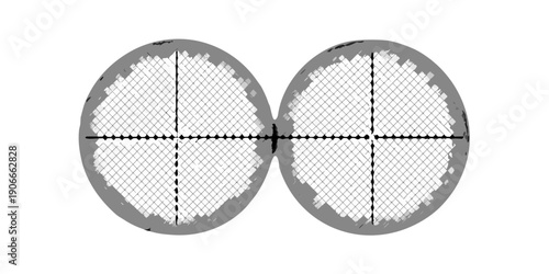 A black background features a vintage binocular view with crosshairs