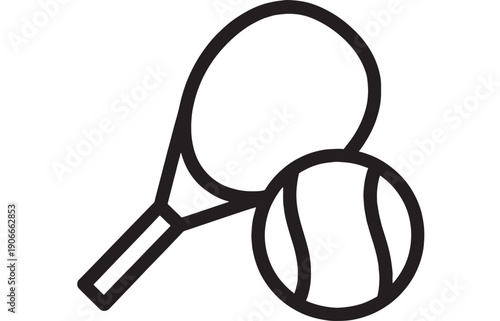 Tennis racket icon with ball outline in black line style, simple sports equipment symbol isolated on white background for app UI, logo, web design, and pictogram use