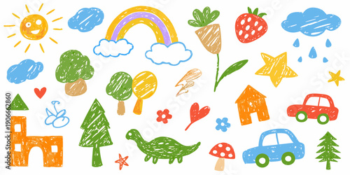 Colorful childlike drawing featuring a sun rainbow trees and various objects