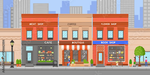 Pixel art storefronts display a charming city street with various shops