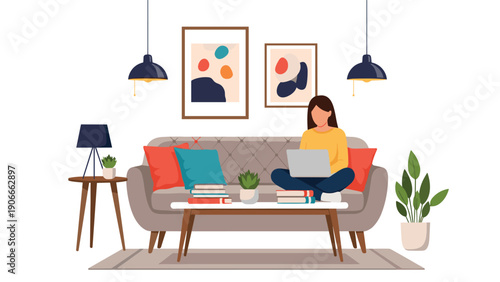 Remote work and home office concept showing woman using laptop on sofa in a modern stylish living room with interior decor.
