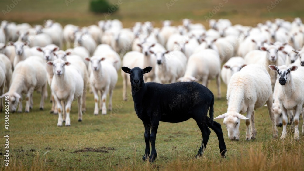 Fototapeta premium Black sheep stands out in flock of white sheep grazing in pasture.