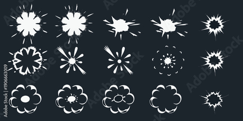 Collection of abstract white explosion and starburst shapes on dark background