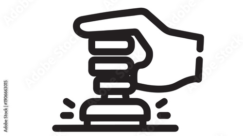 Stamp icon with hand pressing down on ink pad with forceful motion and vibrant black lines featuring symbol, graphic, white with simple and minimalist elements for bold, vector projects, clean