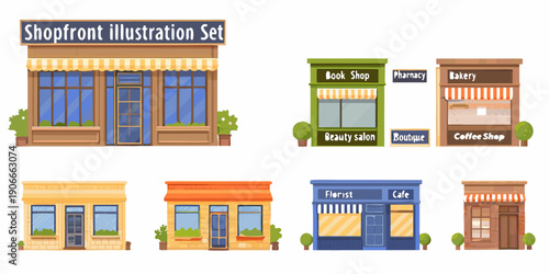Colorful illustration of various storefronts including shops and businesses