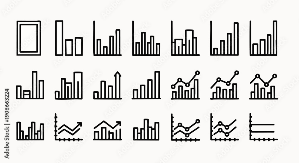 Obraz premium Comprehensive collection of modern outline chart and graph icons for data analysis, business reports, financial statistics, and growth presentations.