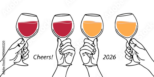 Four wine glasses filled with different colored liquids against a black background