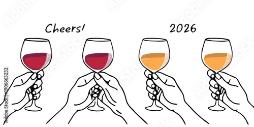 Four wine glasses filled with different colored liquids celebrating 2026