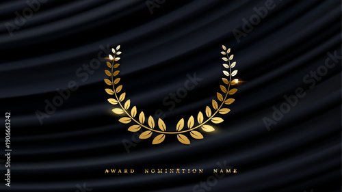 Award ceremony nomination name background. Gold laurel wreath on black wavy silk curtains backdrop. Prize event, celebration ceremony. Elegant premium vector illustration.