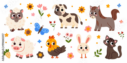 A colorful cartoon illustration of farm animals flowers and a butterfly