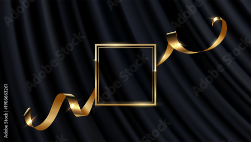 Award background. Gold award frame with golden silk ribbon on black curtain backdrop and empty space in center. Elegant luxury vector illustration, banner for event, winner ceremony, invitation, VIP.