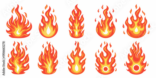 A collection of cartoon style fire flames in varying shapes and sizes