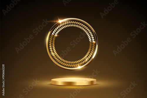 Gold award podium with laurel wreath in glowing round frame on dark background. Luxury template for product presentation, winner ceremony, honors branding. Elegant glamour vector illustration.