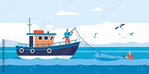 A colorful illustration of a fishing boat on a calm blue ocean