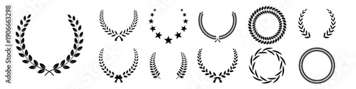 Award laurel wreath set. Winner medal awards with empty place for name of champion. 3D prize for awarding ceremony, championship, best player. Quality certificates. Vector illustration.