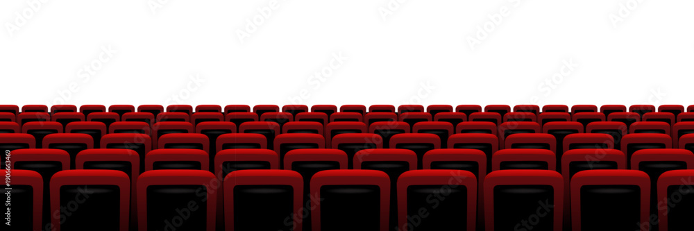 Fototapeta premium Cinema, theater chair screen background with rows of red velvet seats facing bright empty space. Movie atmosphere created by deep shadows and clean perspective. Seamless realistic vector illustration.