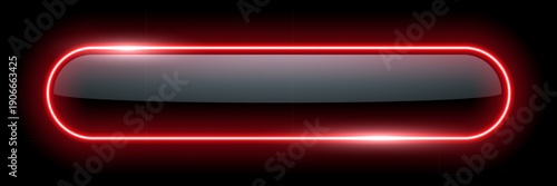 Neon glow light rounded rectangle frame. Led rectangular game button. Red light outline on black with soft luminous effect. Futuristic UI element. Modern colorful geometric vector illustration.