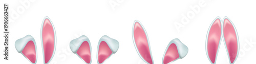 Easter bunny ears. Pink and white rabbit ear headbands in multiple shapes and positions. Easter kid, girl, woman costume designs elements. Realistic 3d vector illustrations set.