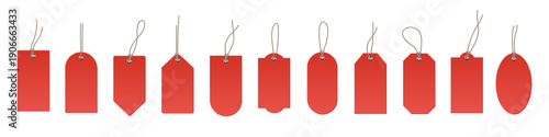 Price tags. Sale labels. Hanging tags. Blank red labels mockups. Paper empty stickers of different shapes with string loops for retail, packaging, gifts, luggage. Realistic vector illustrations set