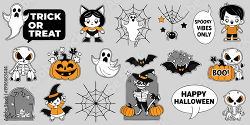 Colorful halloween stickers featuring ghosts pumpkins and spooky characters
