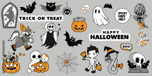 A playful collection of halloween stickers and illustrations in black and white