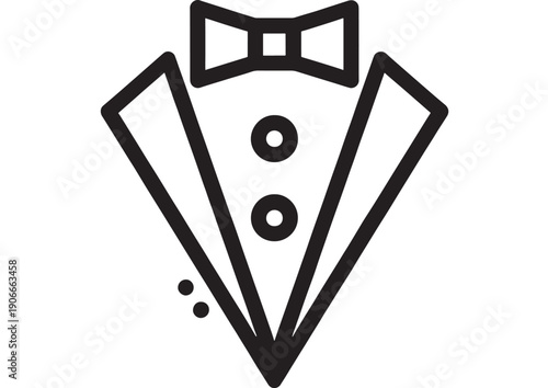 Tuxedo suit icon with bow tie and buttons, minimalist black outline formal wear symbol for wedding invitation, party dress code, gentleman style logo featuring monochrome, simple, pictogram with