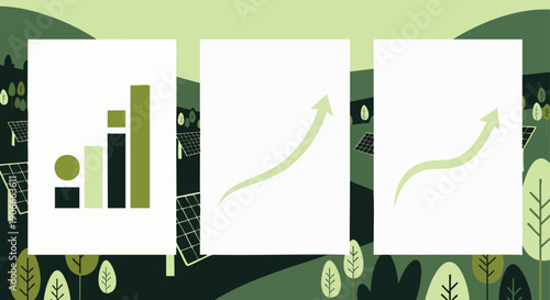 Green energy growth concept: bar chart and upward trend arrows on paper against solar panels and trees background