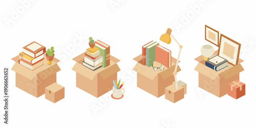Isometric illustration of stacked books and office supplies in cardboard boxes