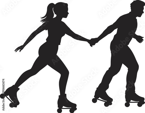 Silhouette of young couple roller skating together holding hands, man and woman having fun isolated on white background, vector illustration