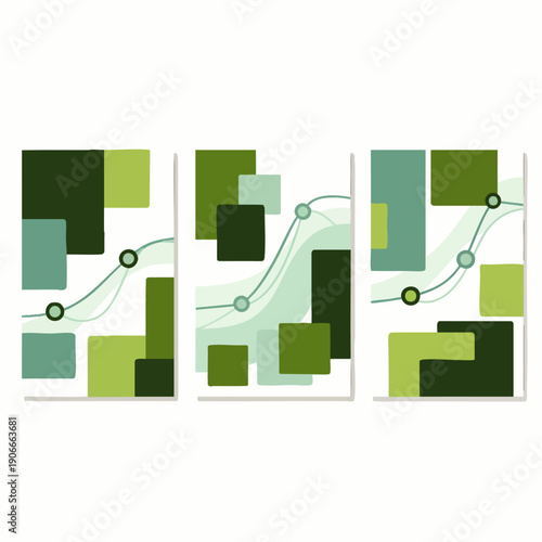 Abstract geometric composition with green squares and wavy lines, modern art, graphic design, clean and minimalist