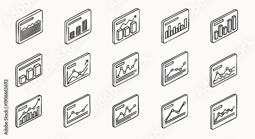 Isometric line art icons set of various data charts and graphs for business analytics, financial reporting, and statistical visualization. Modern vector illustration.