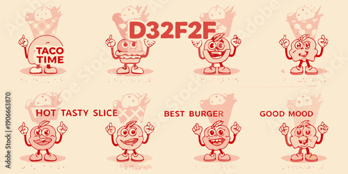 Retro style cartoon food characters with positive messaging and branding