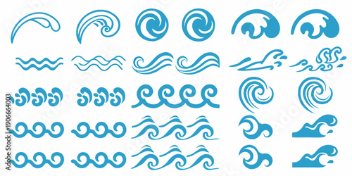 Collection of stylized blue wave and water swirl vector illustrations