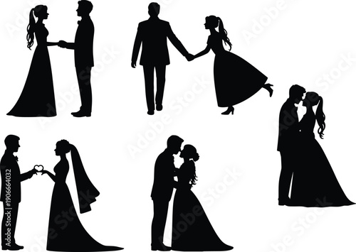 Wedding couple silhouette set, romantic bride groom poses, love moments, holding hands, kissing, marriage celebration, black vector illustration