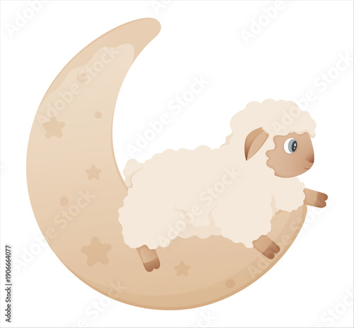  Little lamb lying on the moon, illustration in neutral tones. Funny cartoon lamb for childrens design, baby shower decoration, nursery prints, and cards.