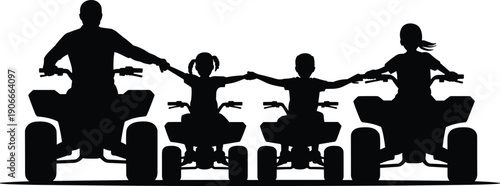Vector, black, silhouette, illustration, of, a, happy, family, including, parents, and, children, riding, all, terrain, vehicles, or, atv, for, outdoor, adventure, and, lifestyle, design, elements