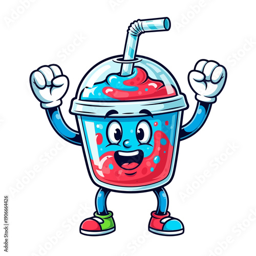 Energetic Cartoon Slushy Character Illustration Featuring a Happy Frozen Drink Mascot with Blue and Red Swirls, Cheering with Raised Fists on a White Backdrop.