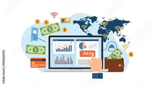 Online payment and global financial data analysis concept featuring laptop with credit cards and banknotes for secure banking.