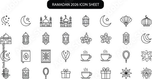Ramadan icon sheet featuring Islamic symbols and greetings
