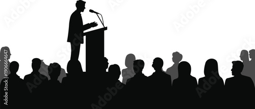 Vector, black, silhouette, illustration, of, a, professional, speaker, at, a, podium, addressing, a, large, audience, for, business, conference, seminar, and, leadership, event, design, elements