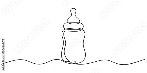 Continuous one line drawing illustration of a baby bottle, isolated on white background. Line art of baby bottle, Simple one line drawing Baby bottle, Minimalist child care vector illustration