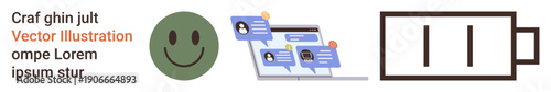 Communication tools, digital chat, user interfaces, energy levels, emoticons, minimalist design. happy face, digital chat windows battery icon. Communication tools and digital chat concept