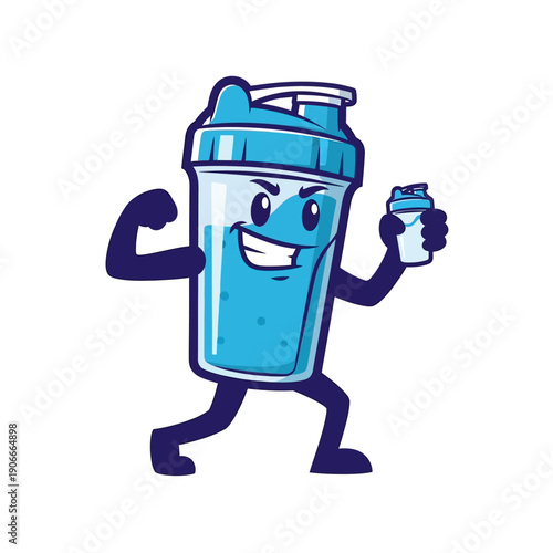 Strong Blue Protein Shaker Mascot Illustration Flexing Bicep Muscle and Holding a Small Bottle for Gym Fitness Nutrition Supplement Logo Design Isolated on White.