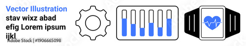 Gear symbol for settings, bar chart for analytics, smartwatch with heart rate graph. Ideal for health tech, fitness tracking, data analysis, personalization, innovation, productivity simple landing