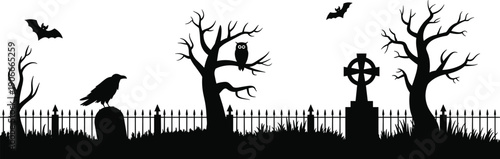 Vector, black, silhouette, illustration, of, a, spooky, Halloween, graveyard, scene, with, cemetery, tombstones, creepy, trees, bats, owl, and, raven, for, gothic, holiday, design, elements