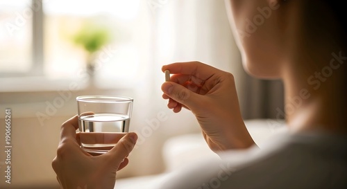 Person holding a glass of water and a pill, ready to take medication for health and wellness