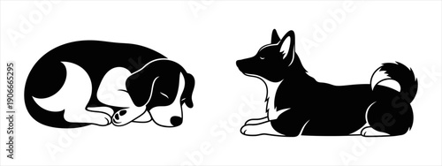 Monochrome graphic art of two distinct dogs, capturing moments of peaceful slumber and watchful presence in simple, clean lines