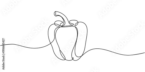 One continuous line drawing whole paprika. Fresh bell pepper concept, Capsicum continuous one line drawing, Continuous one line drawing of Sweet pepper bell pepper line art vector sketch illustration.