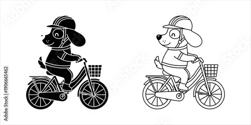 Cartoon Dog Riding a Bicycle with a Helmet and Basket, Black and White Illustration